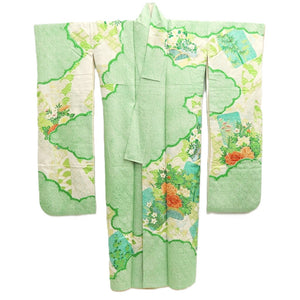 Furisode Green Shibori Chrysanthemum Peony Silk #10542B3