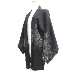 Haori Jacket Vintage(1950-1980) Black Silver Gold Flower Silk #9753A3