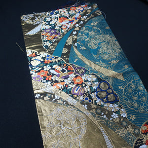 BB10003AB Silk Obi Fabric Crane Birds Cherry Blossom Gold Green 59.4x11.0in(151x28cm)