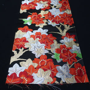 BB10073AF Silk Obi Fabric Maple Leaf Black Red 48.4x10.6in(123x27cm)