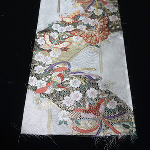 BB10063AE Silk Obi Fabric Butterfly Cherry Blossom White Gold 52.4x11.0in(133x28cm)