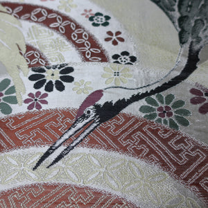 BB10043AD Silk Obi Fabric Crane Birds Gold Black 76.8x11.0in(195x28cm)