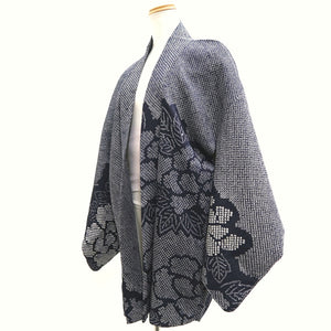 Haori Jacket Vintage(1950-1980) Navy Shibori Peony Silk #10035C4