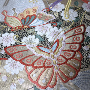 BB10063AE Silk Obi Fabric Butterfly Cherry Blossom White Gold 52.4x11.0in(133x28cm)