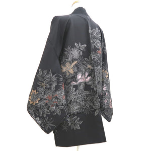 Haori Jacket Vintage(1950-1980) Black Silver Gold Flower Silk #9753A3