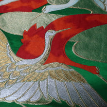Load image into Gallery viewer, BB10093AF Silk Obi Fabric Crane Birds Green 96.5x10.6in(245x27cm)
