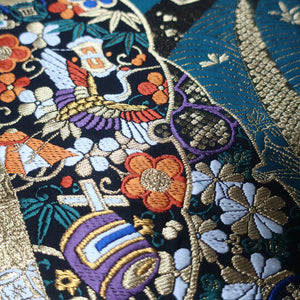 BB10003AB Silk Obi Fabric Crane Birds Cherry Blossom Gold Green 59.4x11.0in(151x28cm)
