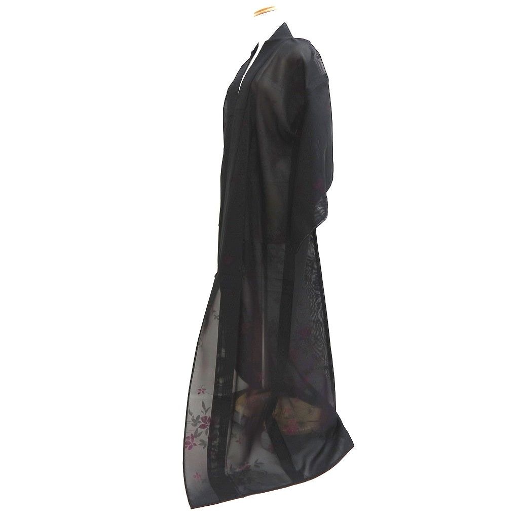 Kimono Vintage(1950-1980) Black Magenta See-Through Flower Silk #10273E4