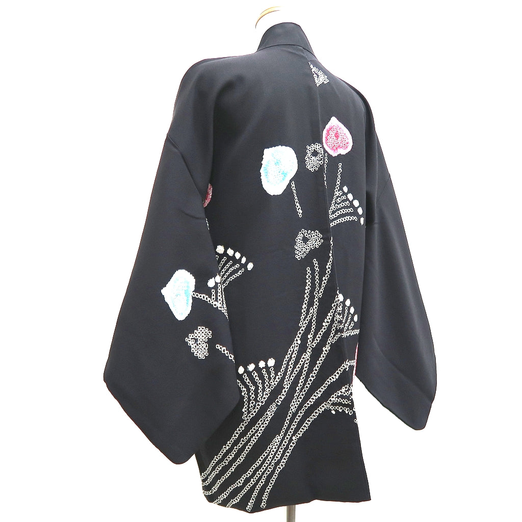 Haori Jacket Vintage(1950-1980) Black Shibori Flower Silk #9850B2