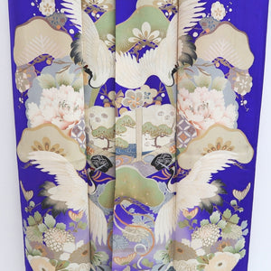 Kimono Vintage(1920-1950) Blueish Purple Crane Birds Hand painted Silk #9670J3