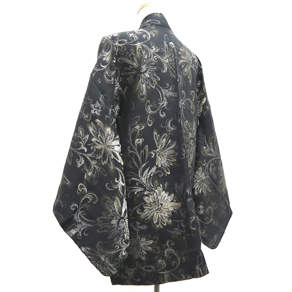 Haori Jacket Vintage(1950-1980) Black Silver Gold Flower Silk #10185D5