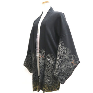 Haori Jacket Vintage(1950-1980) Black Silver Gold Chrysanthemum Silk #10200E1