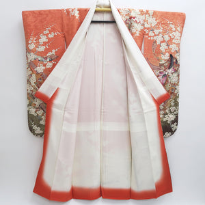 Furisode Salmon Gold Heian Princess Plum blossom Silk #9677J3