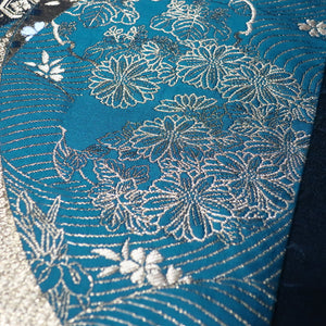BB10003AB Silk Obi Fabric Crane Birds Cherry Blossom Gold Green 59.4x11.0in(151x28cm)