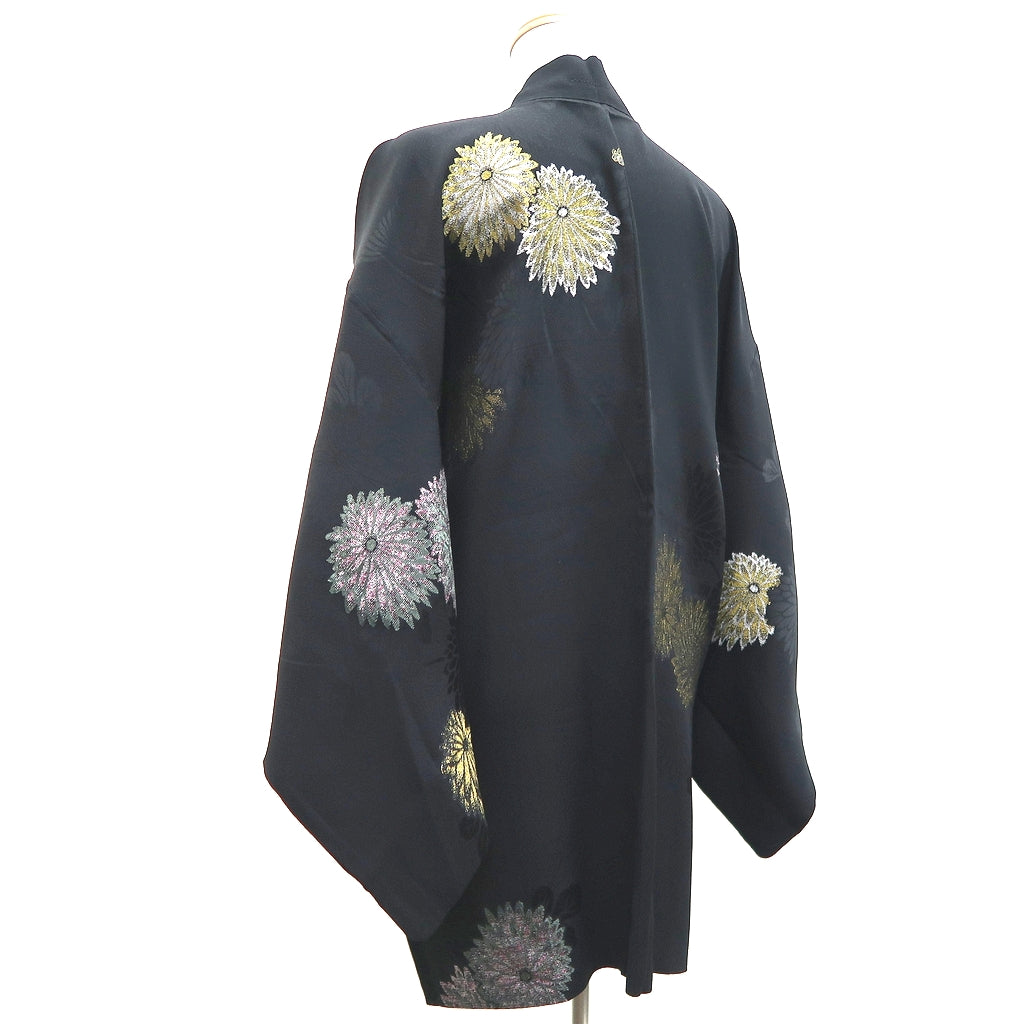 Haori Jacket Vintage(1950-1980) Black Gold Silver Chrysanthemum Silk #9863B2