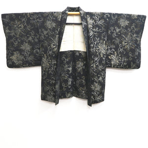 Haori Jacket Vintage(1950-1980) Black Silver Gold Flower Silk #10185D5