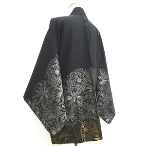 Haori Jacket Vintage(1950-1980) Black Silver Gold Chrysanthemum Silk #10200E1