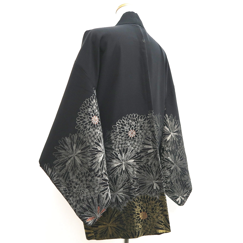 Haori Jacket Vintage(1950-1980) Black Silver Gold Chrysanthemum Silk #10200E1
