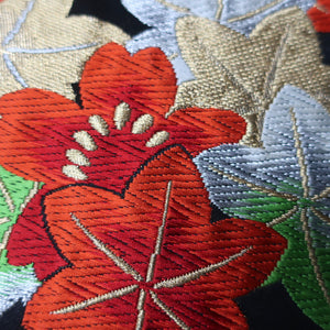BB10073AF Silk Obi Fabric Maple Leaf Black Red 48.4x10.6in(123x27cm)