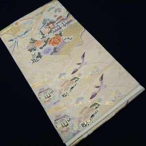 Fukuro Obi White Gold Bird Silk BB261V5