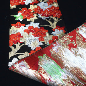 BB10073AF Silk Obi Fabric Maple Leaf Black Red 48.4x10.6in(123x27cm)