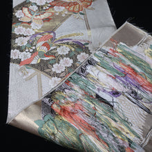Load image into Gallery viewer, BB10063AE Silk Obi Fabric Butterfly Cherry Blossom White Gold 52.4x11.0in(133x28cm)
