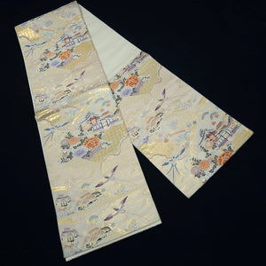 Fukuro Obi White Gold Bird Silk BB261V5