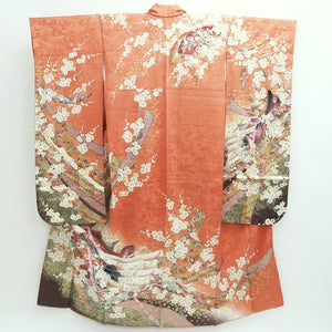 Furisode Salmon Gold Heian Princess Plum blossom Silk #9677J3