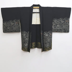 Haori Jacket Vintage(1950-1980) Black Silver Gold Chrysanthemum Silk #10200E1