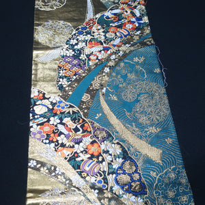 BB10003AB Silk Obi Fabric Crane Birds Cherry Blossom Gold Green 59.4x11.0in(151x28cm)