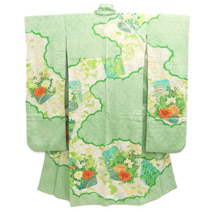 Furisode Green Shibori Chrysanthemum Peony Silk #10542B3