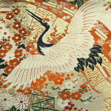 Load image into Gallery viewer, Maru Obi Vintage(1920-1950) Off white Gold Crane Birds Folding Fan Silk BB291V7
