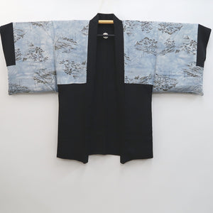 Men's Haori Vintage(1950-1980) Black Habutae Catsle Landscape Silk #9979C2