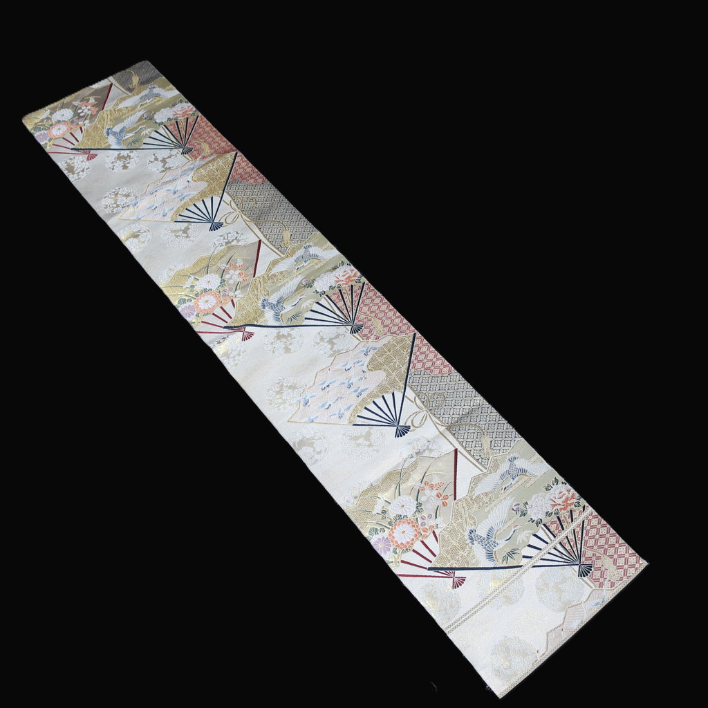 BB10084AF Silk Obi Fabric Crane Birds Gold 54.7x10.6in(139x27cm)