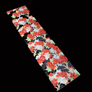 BB10074AF Silk Obi Fabric Maple Leaf Black Red 47.6x10.6in(121x27cm)