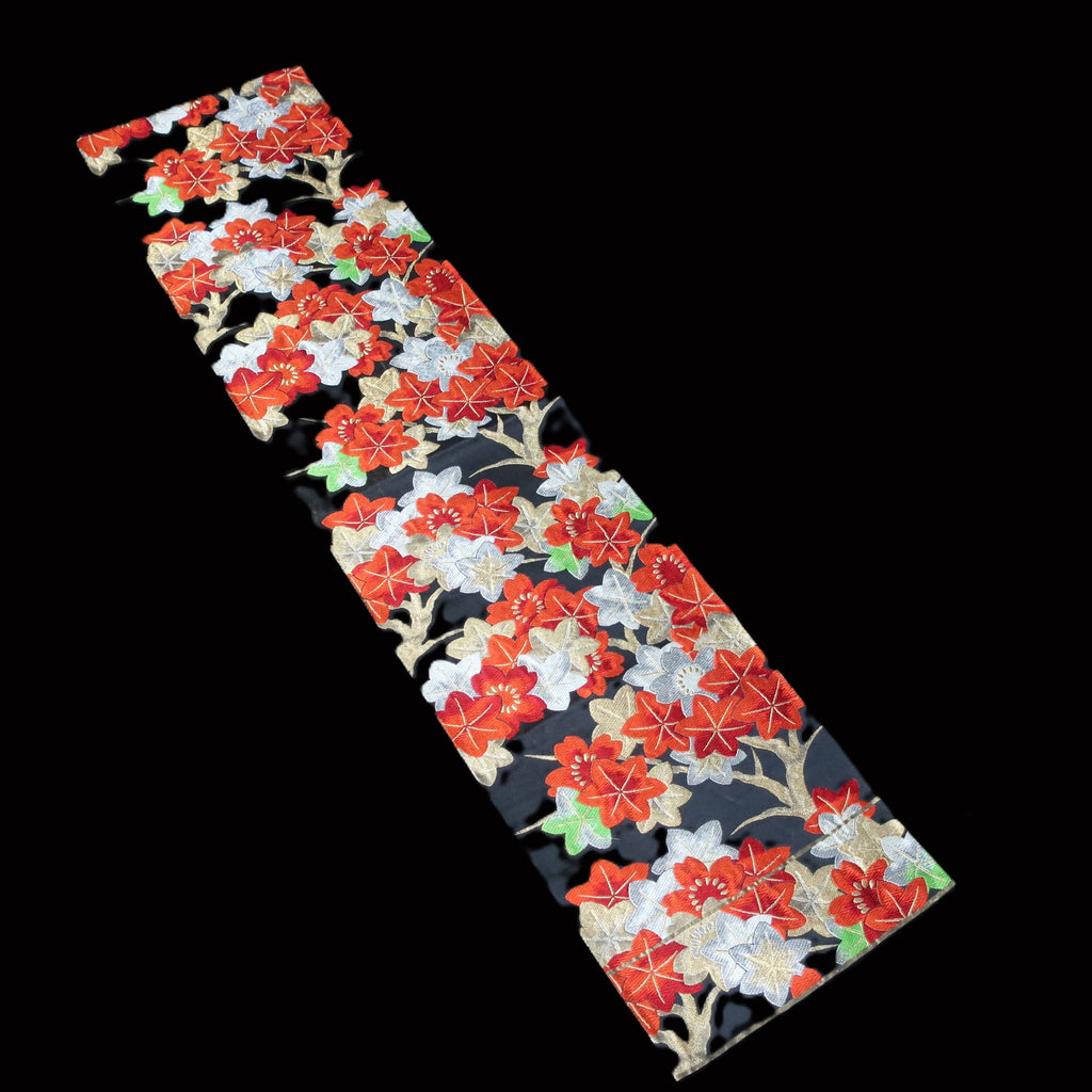 BB10074AF Silk Obi Fabric Maple Leaf Black Red 47.6x10.6in(121x27cm)