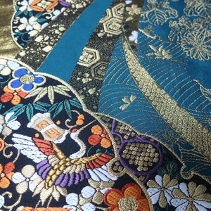 BB10003AB Silk Obi Fabric Crane Birds Cherry Blossom Gold Green 59.4x11.0in(151x28cm)
