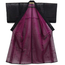 Load image into Gallery viewer, Kimono Vintage(1950-1980) Black Magenta See-Through Flower Silk #10273E4
