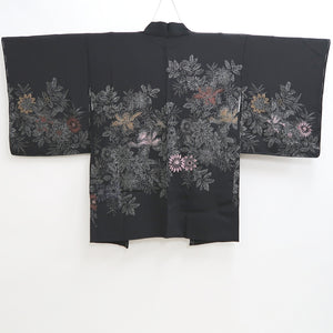 Haori Jacket Vintage(1950-1980) Black Silver Gold Flower Silk #9753A3