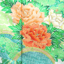 Load image into Gallery viewer, Furisode Green Shibori Chrysanthemum Peony Silk #10542B3
