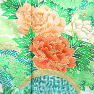 Furisode Green Shibori Chrysanthemum Peony Silk #10542B3