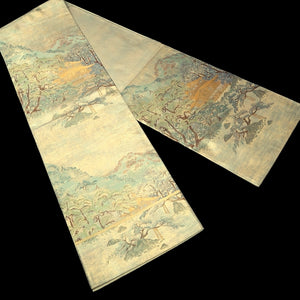 Fukuro Obi Gold Pale Green Kinkakuji Landscape Silk BB334V9