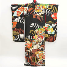 Load image into Gallery viewer, Furisode Vintage(1920-1950) Black Curling Wave Silk #9953Z1
