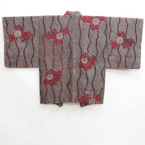 Haori Jacket Vintage(1950-1980) Black Red Shibori Peony Silk #10050C5