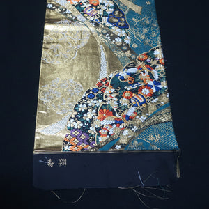 BB10003AB Silk Obi Fabric Crane Birds Cherry Blossom Gold Green 59.4x11.0in(151x28cm)