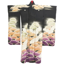 Load image into Gallery viewer, Furisode Vintage(Pre-1920) Black Crane Birds Silk #11106Z1
