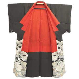 Tomesode Vintage(1920-1950) Black Crane Birds Hand painted Silk #10493B1