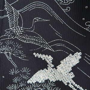 Kimono Black Crane Birds Shibori Tall Silk #9924B4