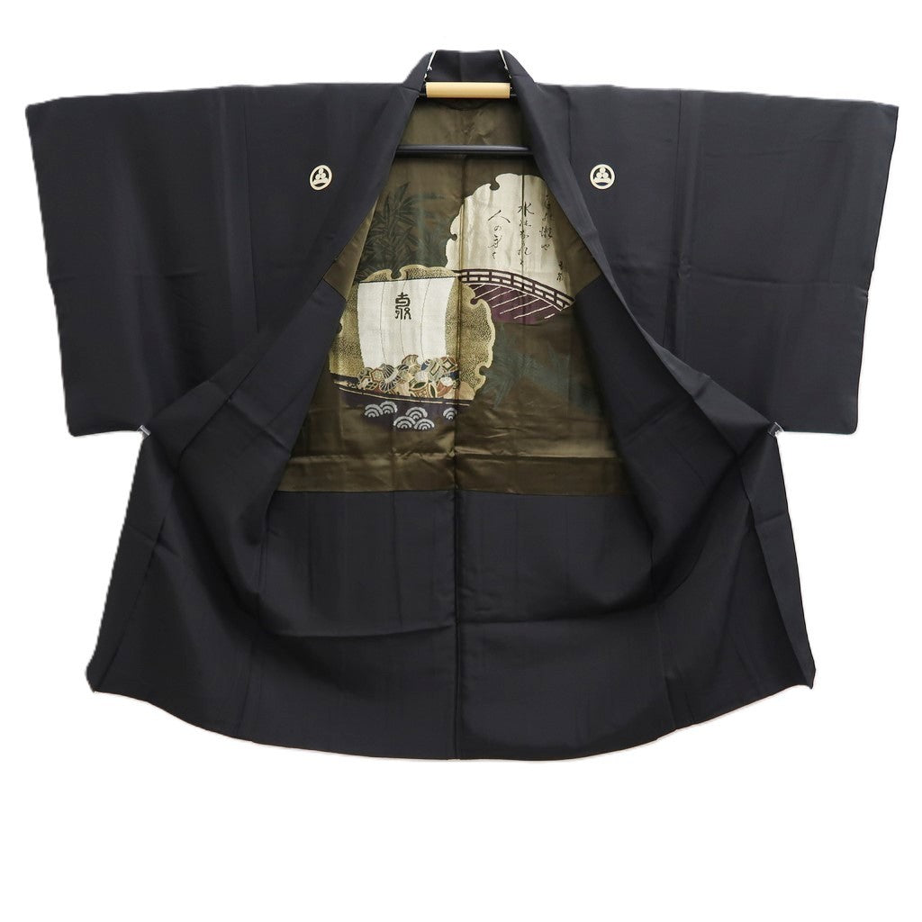 Men's Haori Vintage(1950-1980) Black Montsuki Takarabune Silk #10437A3