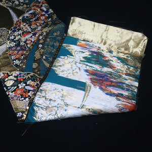 BB10003AB Silk Obi Fabric Crane Birds Cherry Blossom Gold Green 59.4x11.0in(151x28cm)